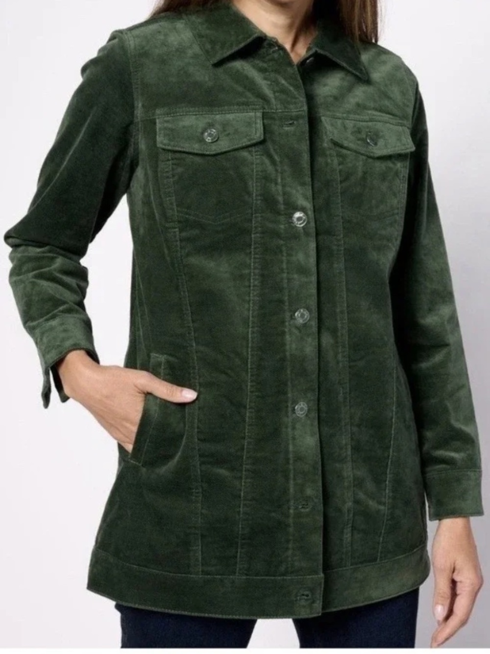 Denim & Co. Women's Stretch Velveteen Long Jacket Dark Green medium